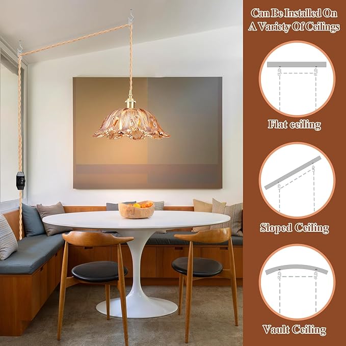 Plug in Pendant Light Fixtures,Hanging Light Fixture Amber Glass Pendant Light 10.6in E26 Pendant Lighting for Kitchen Island, Bedroom, Dining Room, Living Room 2pack