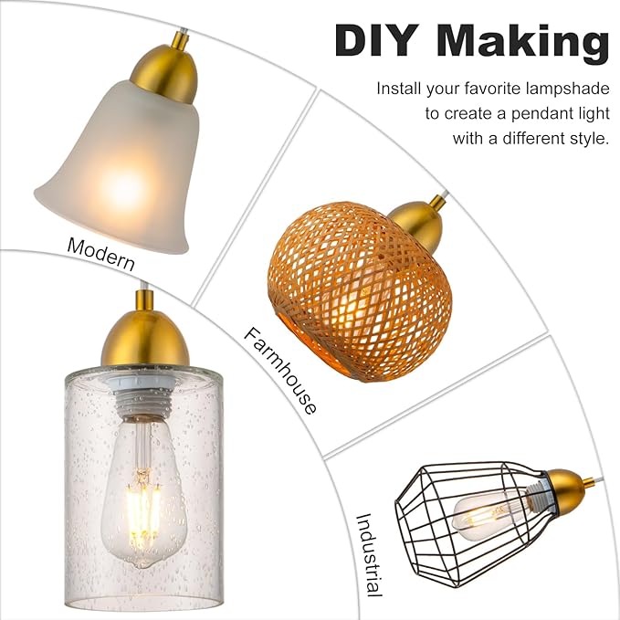 Small Pendant Light Kit - Gold, Single Island Lights for Kitchen, DIY Make Modern & Farmhouse Pendant Lights, Hanging Light Fixtures Ceiling Mount, Adjustable Height （Shade and Bulb Not Included）