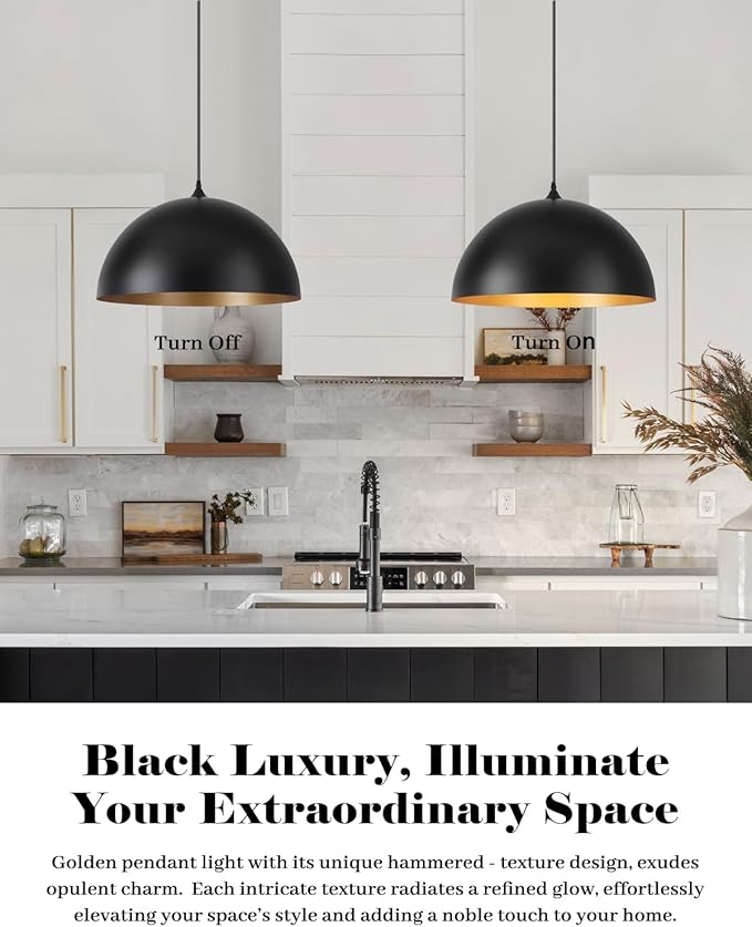 Black Pendant Lights Kitchen Island, 16 Inch Black and Gold Dome Pendant Light, Modern Farmhouse Pendant Light for Kitchen Island, Dining Room, Cafe, Bar, 2 Pack