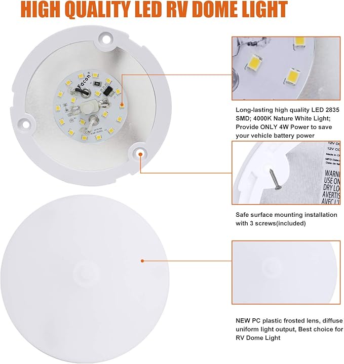 Facon 2-Pack Ultra Slim 4.5'' 12V RV Puck Lights w/Switch, SY-SM45 4000K Cool White LED Interior Lights for RVs, Camper Van, Boats, 12V Dome Light Fixture – cETL Certified
