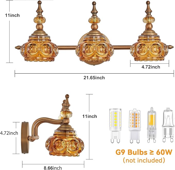 Vintage Bathroom Vanity Light Fixtures, 3-Light Brass Vanity Wall Light Over Mirror with Amber Glass Shade for Bathroom Bedroom Living Room