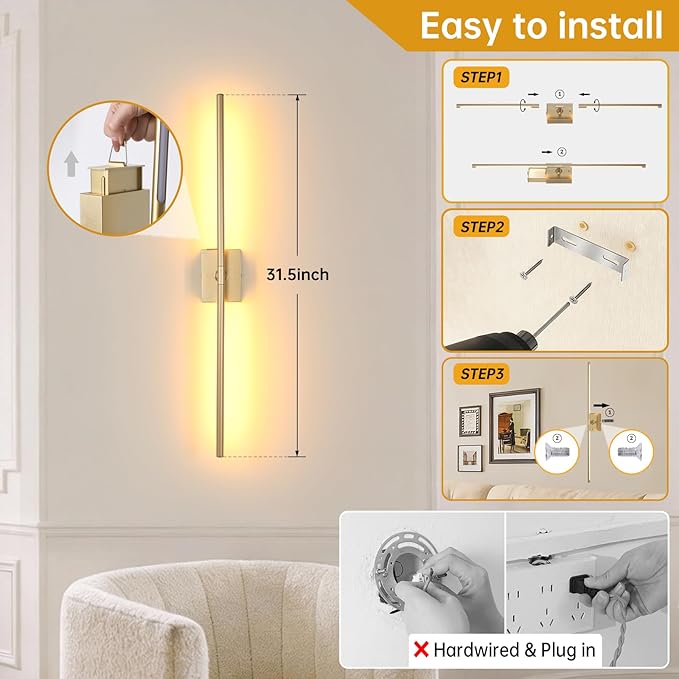 Shenmoyl Battery Operated Wall Sconce Set of 2, 10000mAh Rechargeable Wall Sconces with Detachable Battery, Indoor 350°Rotate Wall Lights for Bedroom Living Room, Gold, 31.5 Inch