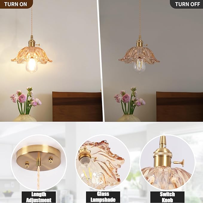 Glass Pendant Light Vintage Light Fixtures,Amber Pendant Lights Kitchen Island,10.6" Glass Pendant Lights Kitchen Island, Modern Pendant Lighting Fixtures for Bedroom Hotel Dining Room