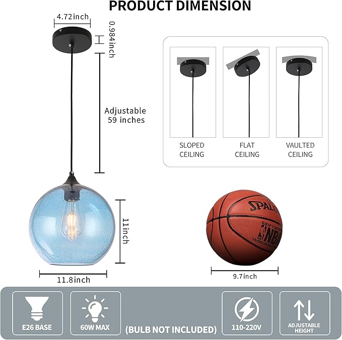 Blue Glass Pendant Lights Kitchen Island Lighting Modern Globe Pendant Light Fixtures Modern Pendant Lights for Kitchen Island Bedroom Living Dining Room Light Fixture-11.8inch