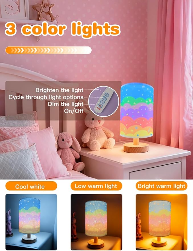 Kids Table Lamp for Bedroom, Rainbow Lamp, 3 Level Dimmable Wood Nightstand Desk Base Flaxen Fabric Shade for Bedroom Living Room,Rainbow Lamp Gifts for Girls (Colorful)