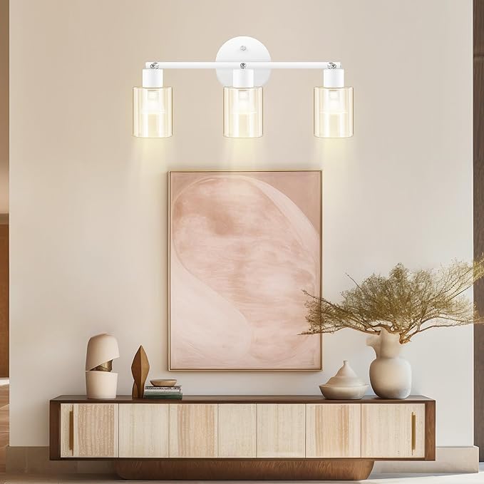 BoostArea 3-Light Bathroom Light Fixtures, White Modern Vanity Wall Lights with Clear Glass Shade,Flexibly Ceiling Light for Mirror Kitchen Living Room Hallway Cabinet Porch