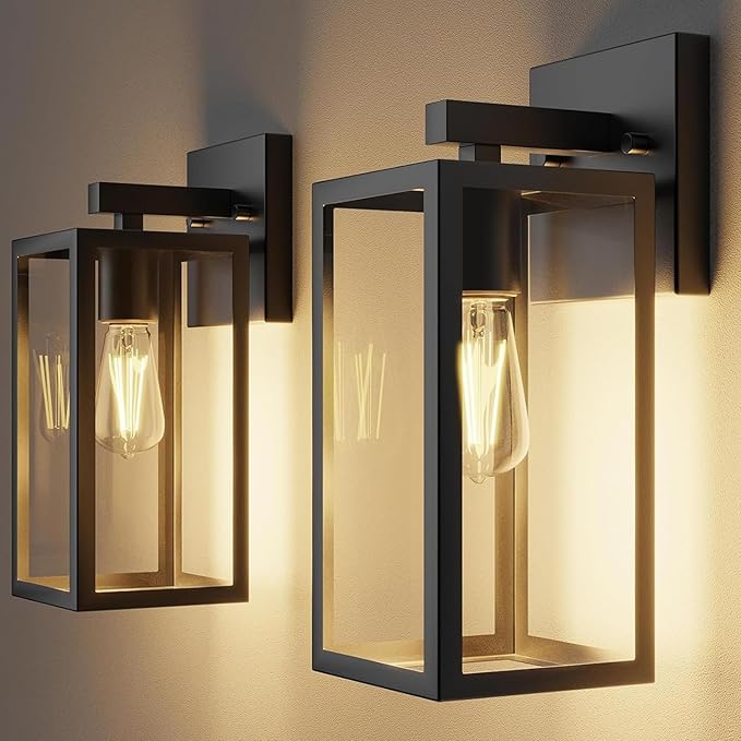 Kalium Porch Lights Outdoor Wall Light Fixture 2pcs, Matte Black, Wall Sconce 12.4 in, Toughened Frame, Clear Glass Shade, Waterproof Lanterns, for Patio, Exterior, Front, Door, Entryway