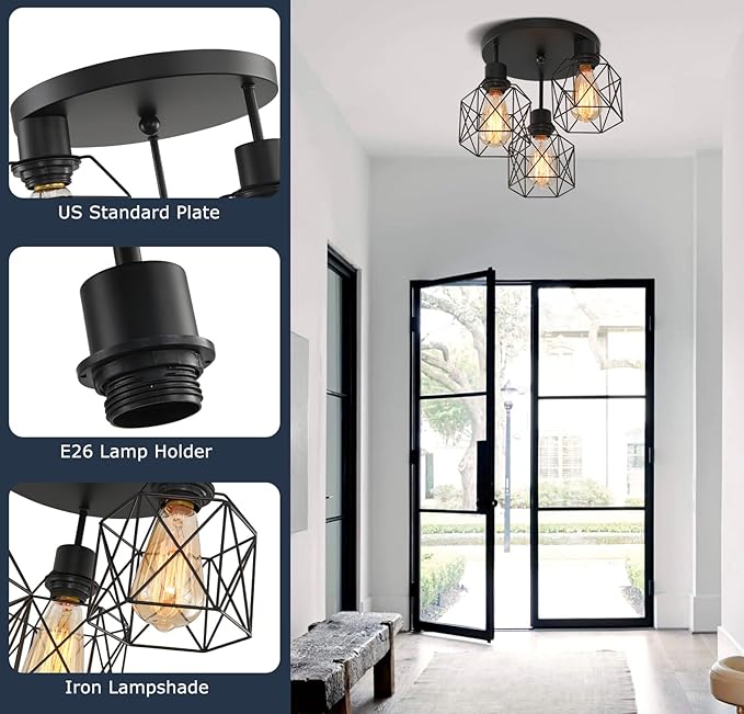 3 Lights Industrial Ceiling Light Fixtures,Iron Cage Ceiling Lamp Pendant Lighting,3-Light Close to Ceiling Light Fixtures, Modern Chandelier for Bedroom Entryway Kitchen Hallway