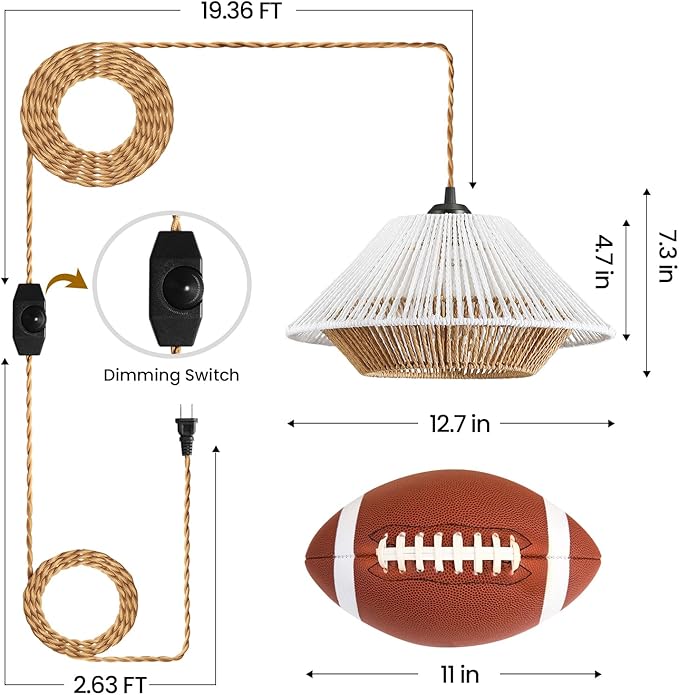 Epinl Boho Plug in Hanging Light - 12.7 Inch Rattan Plug in Pendant Light Dimmable Wicker Bamboo Woven Lampshade Hanging Lamp for Bedroom Living Room Farmhouse