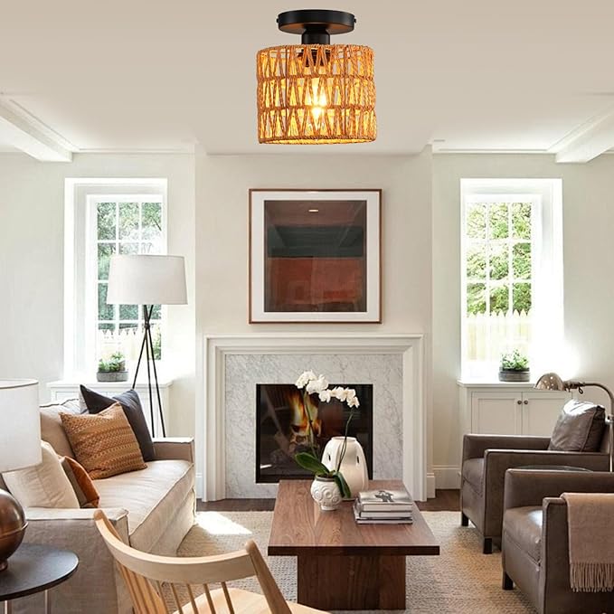 Ceiling Light Fixture,Hand-Woven Rattan Flush Mount Ceiling Light,Farmhouse Light Fixtures Ceiling Mount Boho for Hallway Bedroom Kitchen Entryway Living Room