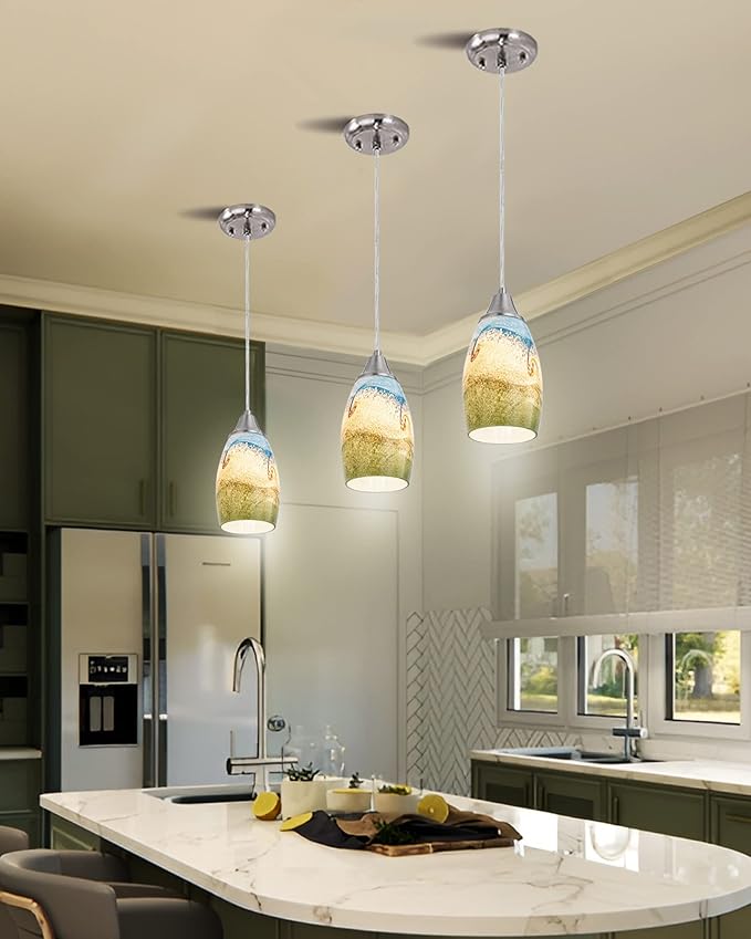 karyfine Mini Glass Pendant Lights,Blown Art Glass Pendant Hanging Light Fixtures Kitchen Island Pendant Lamp Shade with Brushed Nickel Finish for Bar Counter,Hallway,Dining Room Multi color-1P
