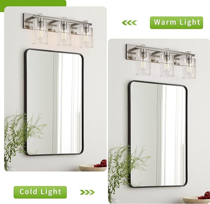Espird Bathroom Vanity Light, 3 Light Brushed Nickel Bathroom Light Fixture with Thickened Seeded Glass Shade, 24 inch Modern Vanity Lights, Bathrooms Lights Fixture Over Mirror