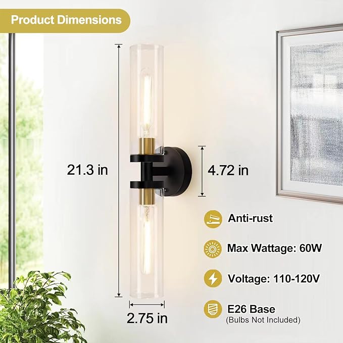 Indoi Wall Sconces Set of Two, 22" Black and Gold Bathroom Sconces with Clear Glass, Hardwired Modern Sconces Wall Decor Set of 2 Wall Light fixtures for Bathroom Mirror Living Room Hallway Bedroom