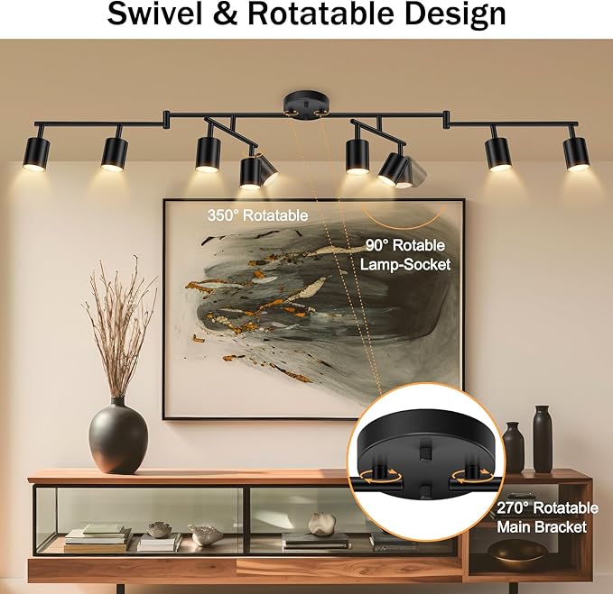 BoostArea LED 8 Light Track Lighting Kit, Black 8 Way Ceiling Spot Lighting, Flexibly Rotatable Light Head for Kitchen, Living Room, Bedroom, GU10 Bulb Not Included