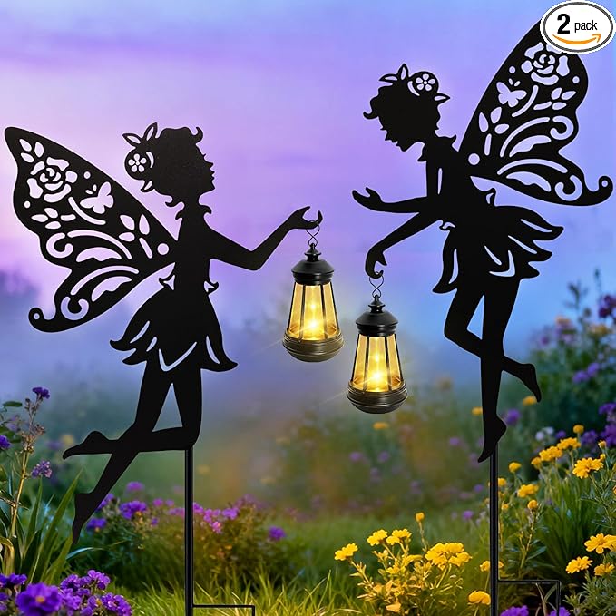 Solar Fairy Garden Lights Outdoor, 2 Pack Hanging Lantern Fairy Stakes with LED Warm Glow, Waterproof Metal Silhouette Yard Decor for Patio Lawn Pathway, Garden Gifts for Women Mom