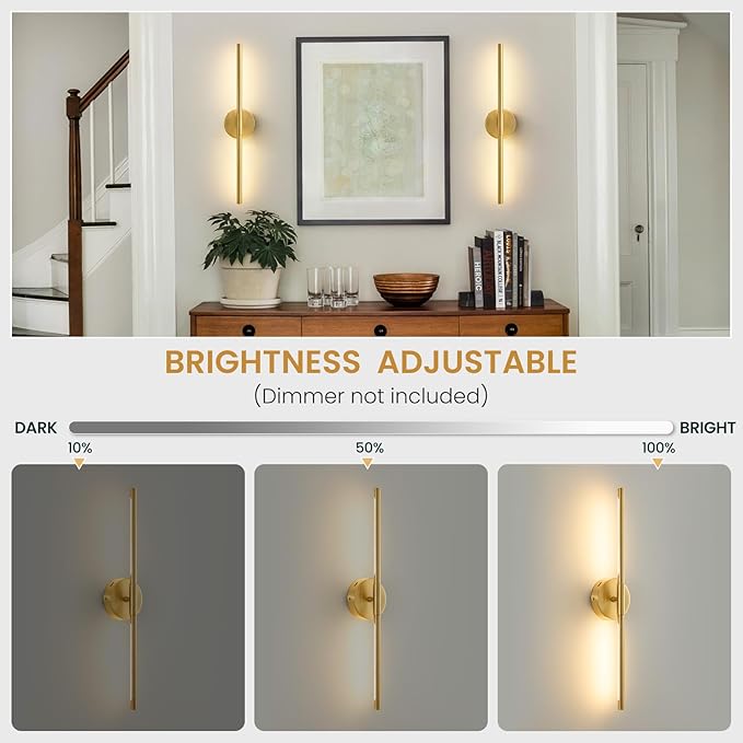 Lightania Wall Sconces Set of Two, 24'' Modern Gold LED Wall Lights, 360° Rotatable, 2700K-5000K Adjustable, Hardwired 3CCT Dimmable Wall Sconce Light Fixture for Living Room Bedroom Hallway, ETL