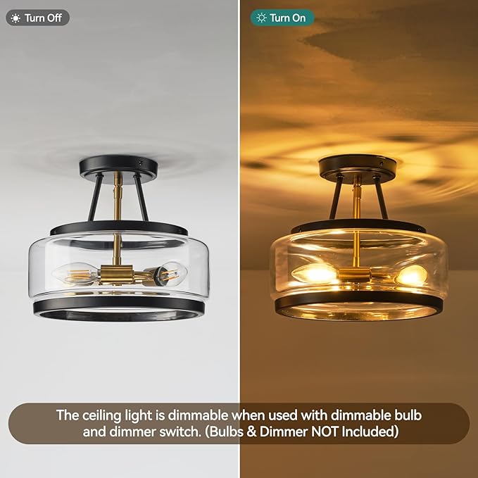 Black Gold Semi Flush Mount Ceiling Light, 3-Light Modern Industrial Drum Light Fixture with Clear Glass Shade, 12" Farmhouse Close to Ceiling Lamp for Hallway, Bedroom, Entryway, Kitchen, E12 Base