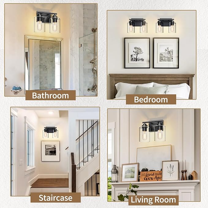 SKEJAO Bathroom Vanity Light Over Mirror,Bathroom Light Fixture Wall Sconce Lighting for Bedroom,Living Room (Black, 2-Light)