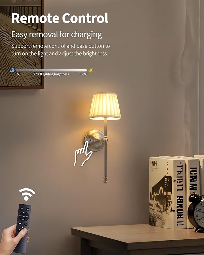 KDG Cordless Wall Sconces Set of 2, Small Wireless 5200mAh Rechargeable Battery Fabric LED Wall Lamps, Portables Lightings for Wall Painting, Living Room, Bedroom, Hallway, Gifts, Night Light (Nickel)