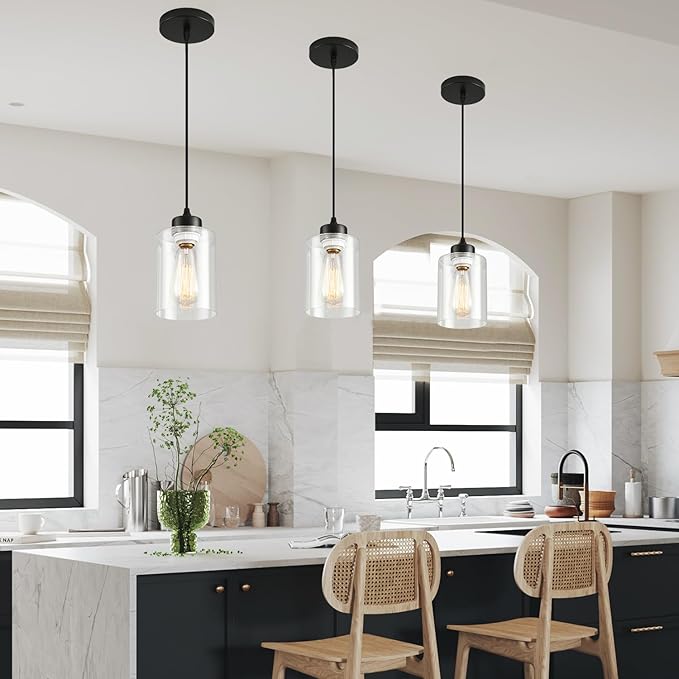 Pendant Light Fixture, 3 Pack Hanging Ceiling Lamp with Clear Glass Shade, Adjustable, Kitchen and Dining Room, Black, 30 x 15 x 22 cm