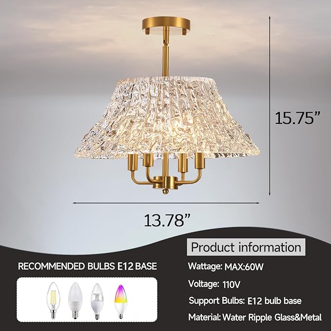 4-Light Gold Flush Mount Ceiling Light - 14 Inch Bright Vintage Glass Art Deco Fixture, Mid Century Modern Close to Ceiling Lamp for Bedroom Kitchen Hallway, E12 Candelabra Base (Bulbs Not Included)