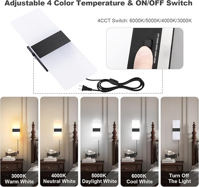 TRLIFE Modern LED Wall Sconces, Adjustable 4 Color Temperature 12W Wall Sconce Plug in, Acrylic Wall Mounted Light Set of 2 Wall Lights with 6FT Plug in Cord for Bedroom Stairway(2 Pack, Black)
