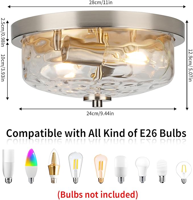 Brushed Nickel Flush Mount Light, Kitchen Ceiling Fixture with Water Ripple Glass Shade, 2-Light Outdoor Porch Flush Mounts for Hallway, Foyer, Entryway, Bathroom