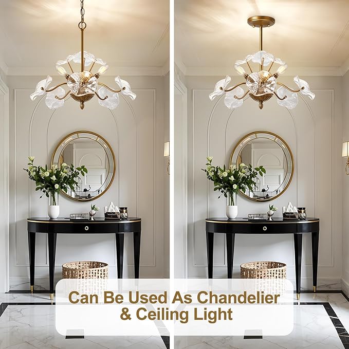 Luvkczc Modern Gold Chandelier,Vintage Brass Flower Glass Pendant Light Fixture,Mid Century Ceiling Light Fixture for Dining Room, Kitchen, Living Room, Bedroom Hallway Porch,3 Lights
