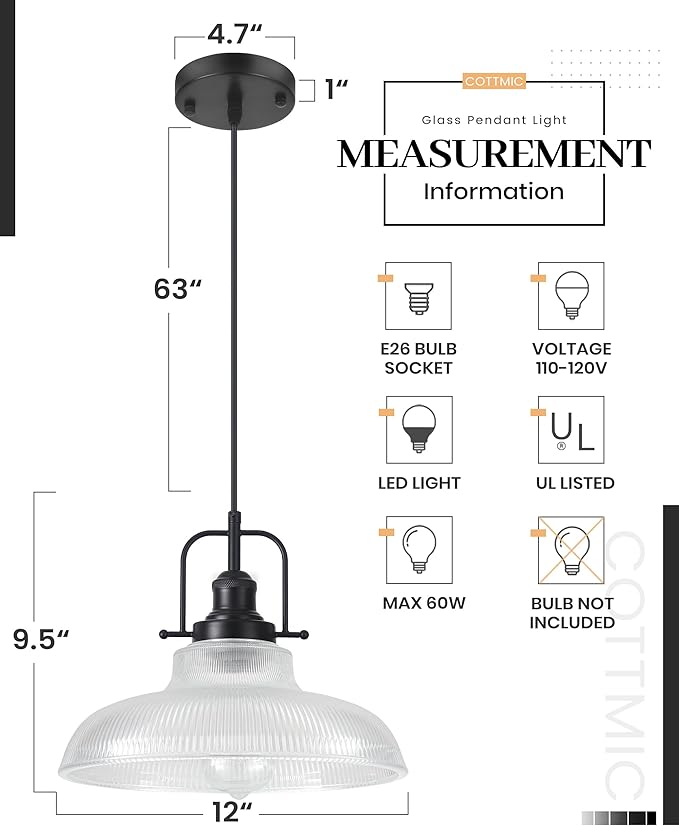 Black Glass Pendant Lights Kitchen Island 3 Pack, 12-inch Ribbed Glass Kitchen Pendant Lights, Farmhouse Pendant Lighting Over Island, Sink, Bar, Vintage Pendant Light for Dining Room