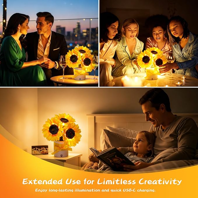 2 Sets Sunflower Lamp Gift for Women, Mother's Day Birthday Gifts for Women, Mom, Shimmering Sunflower Lamp with Cards Ribbons Gift Box Rechargeable Table Night Light for Anniversary Decor