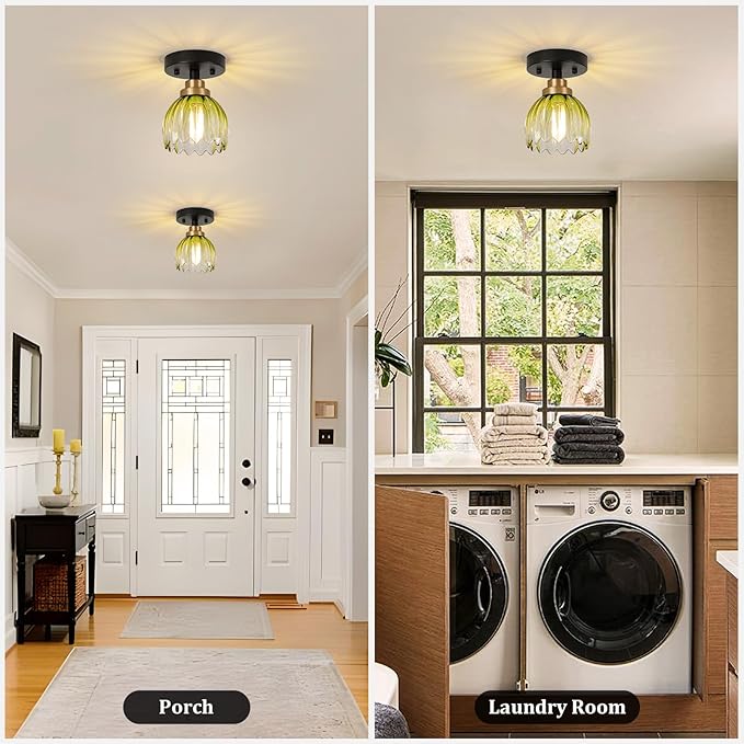 TALOYA Semi Flush Mount Ceiling Light,2 Pack Close to Ceiling Light Fixtures with Green Tulip Glass Shades Modern Farmhouse Lighting Fixtures for Hallway Corridor Kitchen Bathroom Bedroom Passway