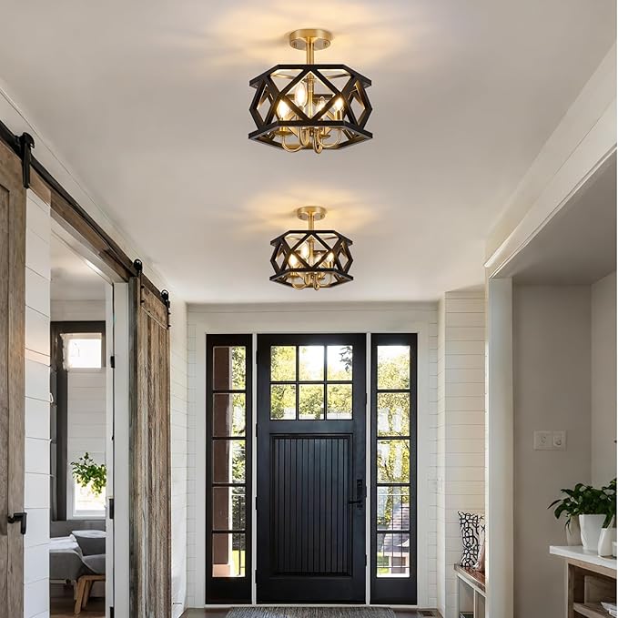 Black and Brushed Gold Semi Flush Mount Ceiling Light, Farmhouse Modern Light Fixture, 4-Light Metal Hallway Ceiling Lamp, Small Chandelier for Foyer Entryway Porch Bedroom Kitchen, E12 Base