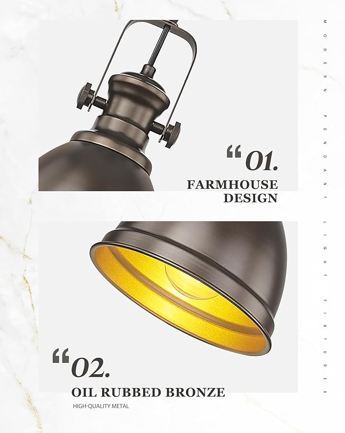 2 Pack Pendant Lights Kitchen Island, Farmhouse Hanging Lights Fixtures with Metal Shade, Rustic Kitchen Pendant Lighting Over Island for Dining Room, Oil Rubbed Bronze, AD-2151-1P2-ORB