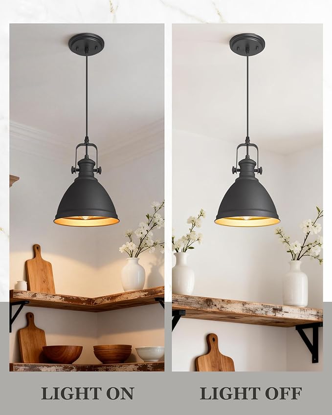 Black Pendant Lights Kitchen Island, 8" Farmhouse Hanging Lights Fixtures with Metal Shade, Rustic Kitchen Pendant Lighting Over Island for Dining Room, AD-2151-1PM-BK