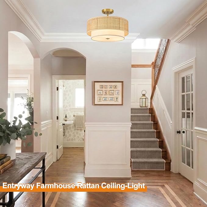 Semi Flush Mount Ceiling Light, 16" Gold Light Fixtures Ceiling Mount, 3-Light Boho Rattan Linen Drum Light Fixture, Modern Farmhouse Chandelier for Bedroom Entryway Living Room Hallway Foyer