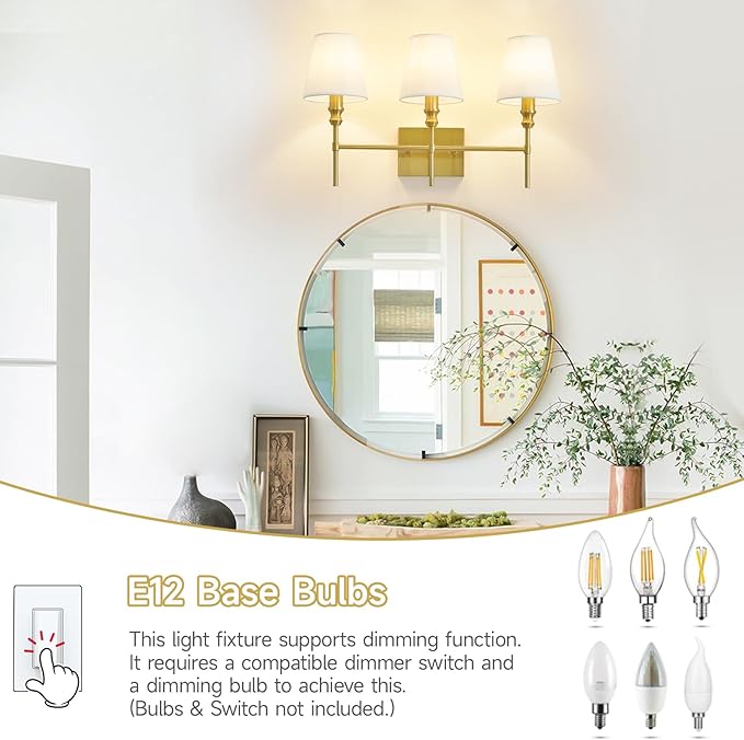 Bathroom Light Fixtures,23.6 IN Bathroom Vanity Lights Over Mirror，3-Light Antique Brass Vintage Wall Sconce With Flared White Fabric Lampshade For Bedroom,Living Room,Foyer,Hardwired,E12 Base