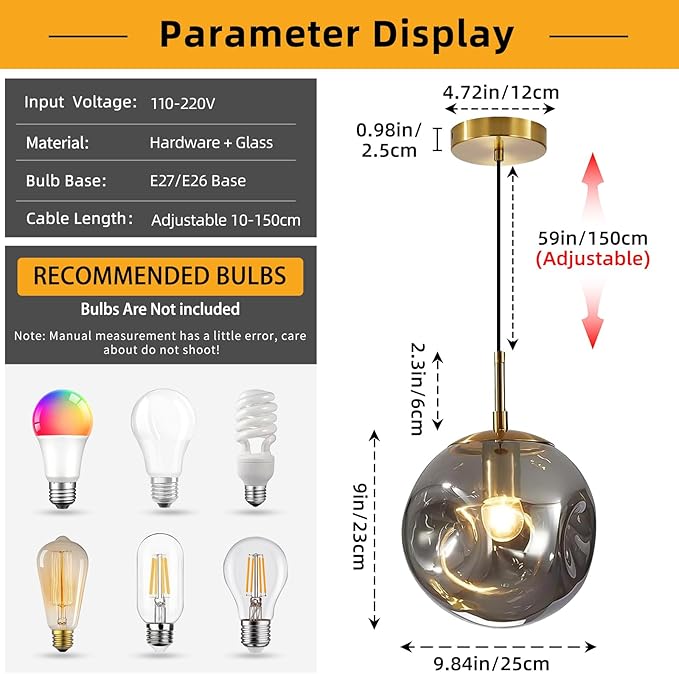 Modern Smoke Gray Concave Glass Pendant Light, 3-Pack Kitchen Island Lighting Single Globe Pendant Light Fixtures Century Kitchen Island Pendant Light for Bedroom Dining Room Light (Without Bulbs)
