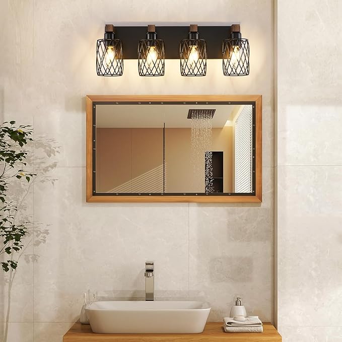 4-Light Farmhouse Bathroom Vanity Light, Wood Bathroom Lighting Fixtures Over Mirror, Black Bathroom Light Fixtures with Cage Metal Shade, Rustic Vanity Light with E26 Base