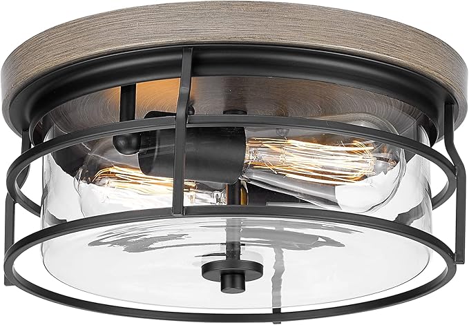 EAPUDUN 2-Light Flush Mount Ceiling Light Fixture, 12inch Farmhouse Vintage Close to Ceiling Lights with Clear Glass for Kitchen Bedroom Foyer Hallway Stairway Entryway, FMA1414-FBDT