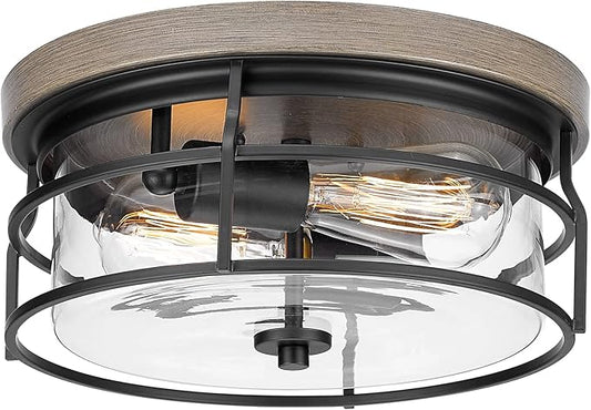 EAPUDUN 2-Light Flush Mount Ceiling Light Fixture, 12inch Farmhouse Vintage Close to Ceiling Lights with Clear Glass for Kitchen Bedroom Foyer Hallway Stairway Entryway, FMA1414-FBDT