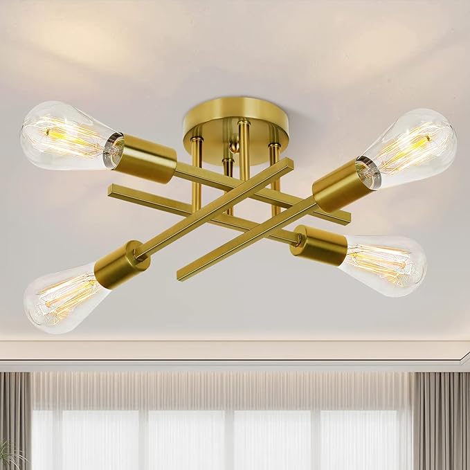 Ceiling Light, Dining Room Light Fixture with E26 Base, Semi Flush Mount Ceiling Light Fixture, Kitchen Lighting Fixtures Ceiling, 4-Light Matte Gold Chandelier for Bedroom