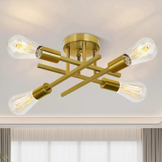 Ceiling Light, Dining Room Light Fixture with E26 Base, Semi Flush Mount Ceiling Light Fixture, Kitchen Lighting Fixtures Ceiling, 4-Light Matte Gold Chandelier for Bedroom