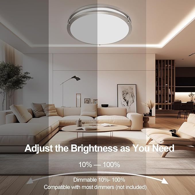 OOWOLF 16inch 48W LED Flush Mount Ceiling Light Fixture Dimmable, 5CCT Super Bright Brushed Nickel Ceiling Light 4800LM Warm/White 480W Equivalent, 3000K/ 3500K/ 4000K/ 5000K/ 6000K Ceiling Lamp