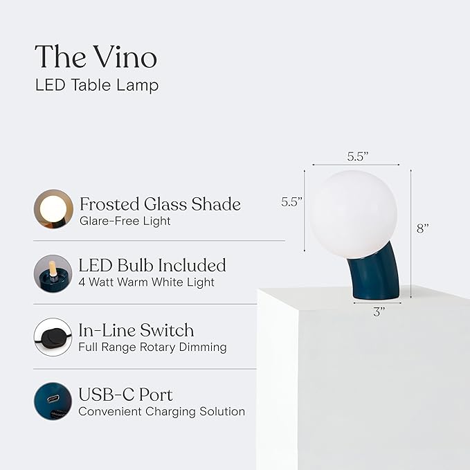 Brightech Vino LED Table Lamp - Small 8" Modern Dimmable Metal Lamp with USB-C Charging, Frosted Glass Globe Shade - Warm White Accent Light for Bedroom, Living Room, Bedside, Nightstand - Teal