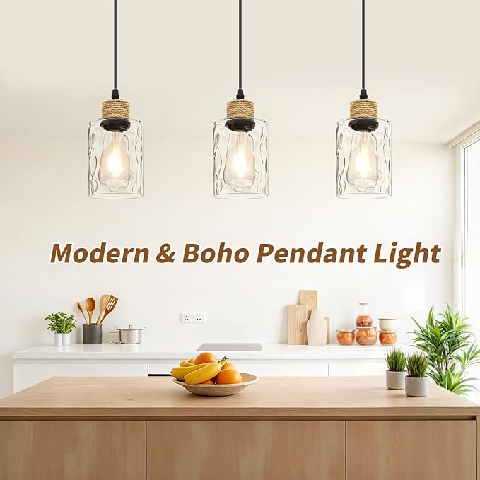 3 Pack Farmhouse Water Ripple Glass Pendant Lights for Kitchen Island, Black Kitchen Pendant Lighting, E26 Hanging Light Fixture for Dining Room, Bedroom, 41" Adjustable Cord, Bulb Not Include