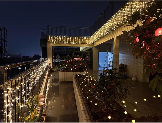 LED Icicle Christmas Lights, 13FT 120 LEDs 8 Modes Extendable Eaves Short Curtain Twinkle Dangling Fairy String Lights for Indoor Party Wedding Outdoor Decorations, Warm White, 4M06