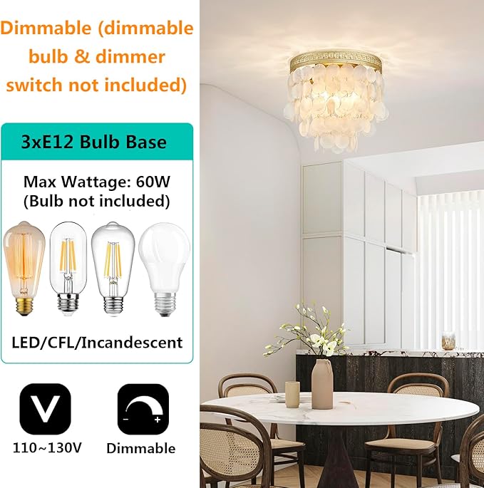 Modern Capiz Shell Ceiling Light, Costal Design, Close to Ceiling Light Fixture for Dining Room, Living Room, Bedroom, Hallway, Foyer, Gold Finish Frame, 3*E12 Socket, D12.6*H12.6 inches