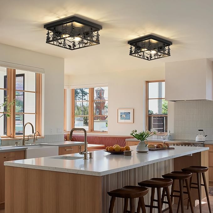 2 Pack Rustic Industrial Flush Mount Ceiling Light, 11" Black Metal Cabin Design E12 Square Ceiling Light Fixture, for Kitchen, Foyer, Bedroom Farmhouse Lighting (Bulbs Not Included)