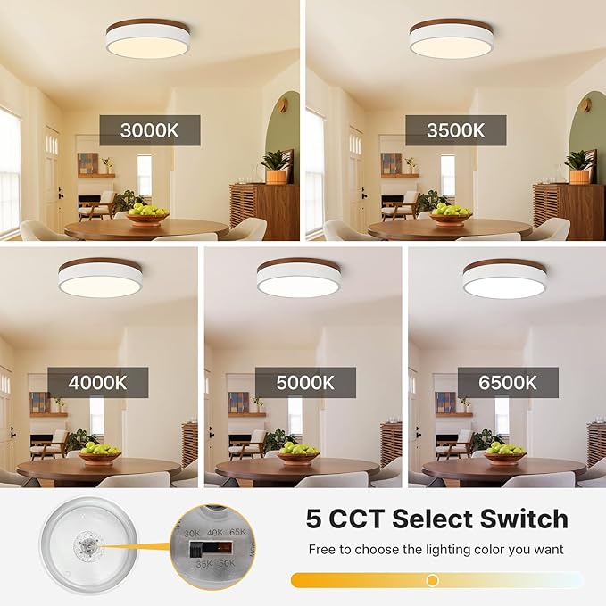 Led Flush Mount Ceiling Light: 11.8" Modern Dimmable White Walnut Wood Low Profile Close to Ceiling Light Fixture - 5CCT Round Minimalist Flat Overhead Lighting for Bedroom Laundry Hallway Living Room