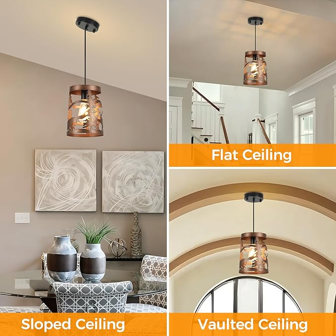 2 Pack Rustic Bear Pendant Lights, 1-Light Brushed Bronze Round E26 Base Cage Metal Fixture Adjustable Hanging Height for Kitchen Island, Hallway, Dining Room, Foyer(No Bulb Included)